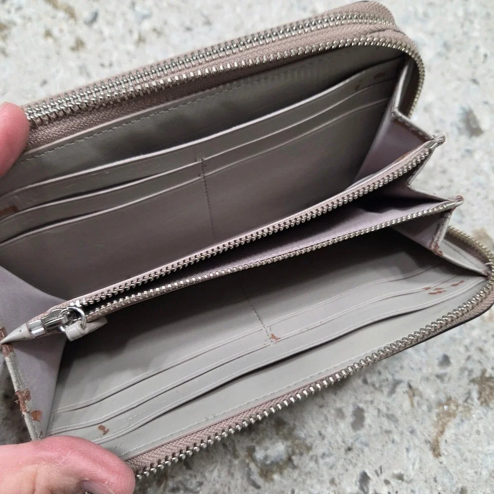 Coach Double Zip Wristlet Wallet‎ Beige Leather New York Signature
